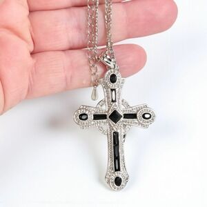 Camrose‎ Kross JBK Kennedy Silver Tone Black Glass Cross Necklace 21" Religious
